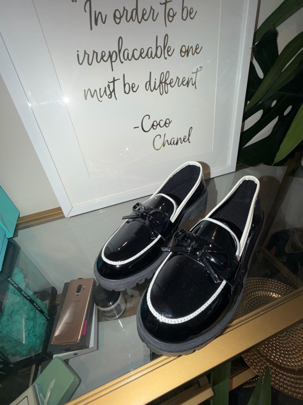 Black Patent Loafers with White Trim